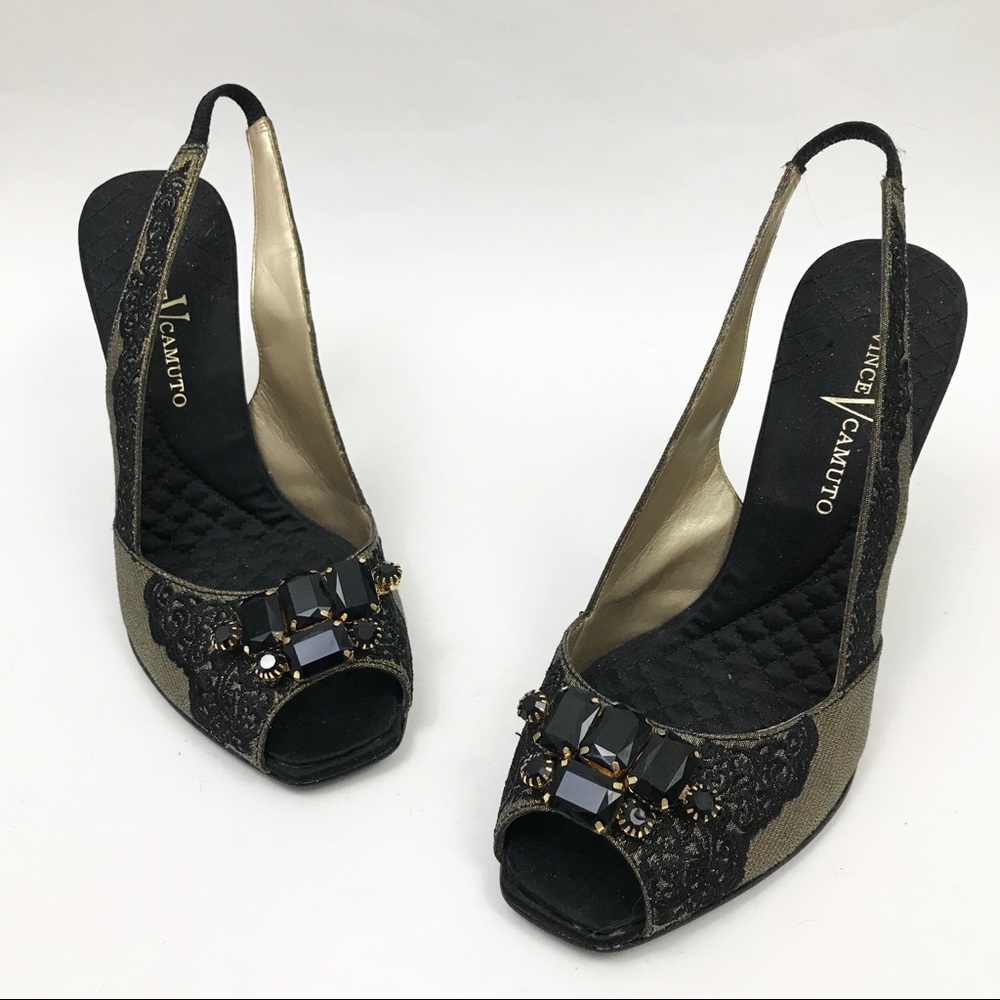 Vince Camuto 7.5 Heels Slingback Black Gold Jewel